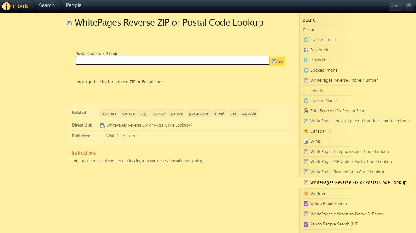 WhitePages Reverse ZIP or Postal Code Lookup - iTools